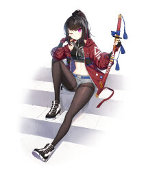 Rule 34 | 1girl, absurdres, alternate hair color, bare shoulders, belt, black footwear, black gloves, black hair, black shirt, breasts, brown pantyhose, closers, crop top, elbow gloves, gloves, grey shorts, highres, holding, holding sword, holding weapon, jacket, katana, knee up, long hair, long sleeves, looking at viewer, luna aegis (closers), medium breasts, micro shorts, midriff, multicolored hair, nail polish, navel, off shoulder, official art, one eye closed, open clothes, open jacket, pantyhose, ponytail, purple eyes, red jacket, sheath, sheathed, shirt, shoes, shorts, sitting, sleeveless, sleeveless shirt, sleeveless turtleneck, solo, stomach, streaked hair, sword, thighband pantyhose, turtleneck, weapon, white background