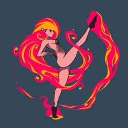 Rule 34 | 1girl, akairiot, breasts, brenna (akairiot), colored sclera, colored skin, completely nude, dancing, eyelashes, fiery hair, fire, from side, full body, grey background, hand on back, leg up, long hair, medium breasts, nude, original, pointy ears, red eyes, red skin, simple background, smile, smirk, solo, yellow sclera