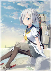 Rule 34 | 10s, 1girl, absurdres, beach, bird, black pantyhose, blue eyes, blush, bottle, breasts, cloud, commentary request, day, gloves, gotyou, hair ornament, hair over one eye, hairclip, hamakaze (kancolle), highres, kantai collection, looking at viewer, medium breasts, outdoors, pantyhose, school uniform, serafuku, short hair, silver hair, sitting, skirt, sky, smile, solo, white gloves