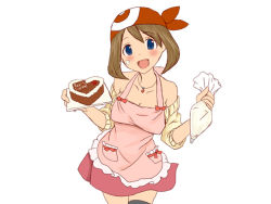 Rule 34 | 1girl, :d, apron, artist request, ass, bare shoulders, blue eyes, breasts, brown hair, cake, cleavage, collarbone, cowboy shot, creatures (company), detached sleeves, dot nose, food, game freak, head tilt, holding, holding food, huge breasts, jewelry, legs together, light brown hair, looking at viewer, may (pokemon), necklace, nintendo, open mouth, pokemon, pokemon rse, simple background, sleeves past elbows, smile, solo, tareme, thighhighs, white background