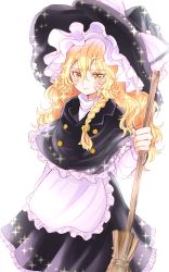 Rule 34 | 1girl, apron, black capelet, black dress, blonde hair, blush, bow, braid, broom, capelet, commentary request, dress, frills, frown, hair between eyes, hair ornament, hat, hat bow, highres, holding, holding broom, kirisame marisa, long hair, long sleeves, looking at viewer, petticoat, rosette (roze-ko), simple background, single braid, solo, sparkle, standing, star (symbol), star hair ornament, touhou, upper body, waist apron, wavy hair, wavy mouth, white background, white bow, witch hat, yellow eyes