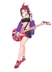 Rule 34 | 1girl, bandeau, bare legs, bare shoulders, black choker, black skirt, breasts, brown hair, choker, cleavage, commentary, electric guitar, full body, guitar, hair ribbon, head tilt, highres, holding, holding instrument, instrument, jacket, large breasts, long hair, long sleeves, looking at viewer, midriff, miniskirt, nail polish, navel, off shoulder, open clothes, open jacket, original, pleated skirt, purple eyes, purple jacket, purple nails, red footwear, red ribbon, ribbon, shoes, shoulder tattoo, simple background, siun, skirt, smile, sneakers, standing, stomach, strapless, tattoo, thighs, tube top, white background