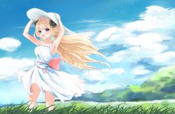 Rule 34 | 1girl, absurdres, armpits, blonde hair, blue eyes, blue sky, blush, bow, cloud, cloudy sky, collarbone, day, dress, elphe, eye reflection, flower, flower request, forest, frilled dress, frills, gradient eyes, grass, hair flower, hair ornament, happy, hat, highres, holding, holding clothes, holding hat, hololive, horizon, horns, light particles, looking at viewer, meadow, multicolored eyes, nature, open mouth, outdoors, pink bow, pink ribbon, purple eyes, purple pupils, reflection, ribbon, sheep horns, short dress, sidelocks, sky, smile, solo, spaghetti strap, sun hat, sundress, thighs, tree, tsunomaki watame, virtual youtuber, waist bow, white dress, white hat, wind