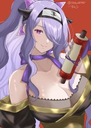 Rule 34 | 1girl, breasts, camilla (fire emblem), choker, cleavage, collarbone, fire emblem, fire emblem fates, fire emblem heroes, fishnet top, fishnets, hair over one eye, headband, holding, holding scroll, large breasts, long hair, looking at viewer, nail polish, ninja, nintendo, official alternate costume, pink lips, ponytail, purple choker, purple eyes, purple hair, purple nails, ribbon choker, scroll, shuriken hair ornament, sidelocks, smile, snow20200, solo