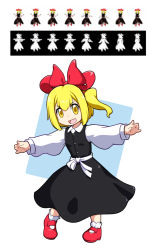 Rule 34 | 1girl, alternate hairstyle, black skirt, black vest, blonde hair, bobby socks, buttons, collared shirt, commentary, hair ribbon, highres, long skirt, long sleeves, mary janes, outstretched arms, photo-referenced, rakkidei, red footwear, red ribbon, ribbon, rumia, sash, shirt, shoes, side ponytail, skirt, socks, touhou, vest, white legwear, white sash, white shirt, yellow eyes, zun (artist)
