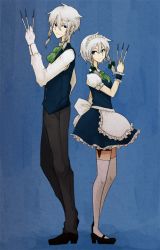 Rule 34 | 1boy, 1girl, apron, ascot, back-to-back, between fingers, blue background, blue eyes, bow, braid, butler, dual persona, frills, genderswap, genderswap (ftm), gloves, hair bow, height difference, holding, holster, izayoi sakuya, knife, maid, maid apron, maid headdress, morishige, puffy sleeves, short hair, silver hair, thigh holster, thighhighs, touhou, twin braids, waist apron, white gloves, wrist cuffs
