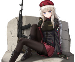 Rule 34 | 1girl, ak-74m, ak74m (girls&#039; frontline), arm support, assault rifle, beret, black footwear, black gloves, black jacket, black pantyhose, blue eyes, boots, breasts, candy, chocolate, chocolate bar, fingerless gloves, food, girls&#039; frontline, gloves, gun, hair ornament, hat, highres, holding, jacket, kalashnikov rifle, knee boots, knee up, long hair, long sleeves, looking at viewer, miniskirt, original, pantyhose, red hat, red skirt, rifle, silver hair, simple background, sitting, skirt, small breasts, smile, solo, thighband pantyhose, weapon, white background, yakob labo