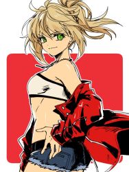 Rule 34 | 1girl, bad id, bad twitter id, blonde hair, fate/apocrypha, fate (series), green eyes, jacket, long hair, messy hair, mordred (fate), mordred (fate/apocrypha), mordred (memories at trifas) (fate), navel, ponytail, short shorts, shorts, smile, solo