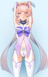 Rule 34 | 1girl, armpits, arms up, blue background, blue eyes, blush, bow, breasts, cowboy shot, genshin impact, gluteal fold, gradient background, gradient hair, highres, kanzaki muyu, long hair, looking at viewer, medium breasts, multicolored hair, navel, open mouth, panties, pink hair, pubic tattoo, sangonomiya kokomi, small breasts, solo, sweat, tattoo, thighhighs, twintails, underwear, very long hair, white thighhighs