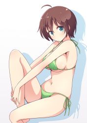 Rule 34 | 1girl, ahoge, aqua eyes, barefoot, bikini, blush, breasts, brown hair, closed mouth, commentary request, green bikini, halterneck, hands on own leg, knee up, large breasts, looking at viewer, mel (melty pot), navel, new game!, shadow, shinoda hajime, short hair, side-tie bikini bottom, sitting, solo, stomach, string bikini, swimsuit, white background