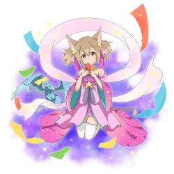 Rule 34 | 1girl, alternate costume, animal ears, brown hair, cat ears, cat tail, detached sleeves, dress, full body, hair between eyes, hair ornament, hair ribbon, head tilt, highres, holding, japanese clothes, jewelry, kneeling, long hair, looking at viewer, necklace, pina (sao), pink dress, pink ribbon, red eyes, ribbon, sash, see-through, short dress, silica, silica (sao-alo), simple background, sleeveless, sleeveless dress, solo, sparkle, star (symbol), star hair ornament, sword art online, tail, thighhighs, twintails, white background, white thighhighs