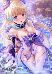 Rule 34 | 1girl, absurdres, arm support, blue dress, blunt bangs, breasts, cleavage, detached collar, dress, fujifuji924, genshin impact, gloves, gradient hair, hair ornament, half gloves, hand on own chest, highres, long hair, looking at viewer, multicolored hair, open mouth, partially submerged, pink hair, ponytail, purple eyes, purple hair, sangonomiya kokomi, short shorts, shorts, sitting, solo, thighhighs, vision (genshin impact), water, white gloves, white shorts, white thighhighs