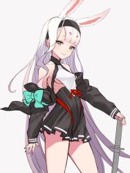 Rule 34 | 1girl, absurdres, animal ears, azur lane, bare shoulders, blunt bangs, breasts, brown eyes, contrapposto, cowboy shot, dress, eyebrows hidden by hair, grey background, hairband, highres, honyaru (nanairo39), jacket, long hair, looking at viewer, off shoulder, open clothes, open jacket, pleated dress, rabbit ears, shimakaze (azur lane), short dress, sidelocks, simple background, small breasts, smile, solo, sword, underboob, unfinished, very long hair, weapon, white hair