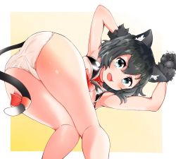 Rule 34 | 1girl, animal collar, animal ears, animal hands, arms up, ass, bad id, bad twitter id, bent over, black bra, black hair, blush, bra, cat ears, cat tail, collar, commentary request, fang, from behind, gloves, kaban (kemono friends), kemono friends, kemonomimi mode, kobacha (ochakoba), looking at viewer, looking back, open mouth, panties, paw gloves, ribbon, short hair, solo, standing, tail, tail ornament, tail ribbon, tearing up, underwear, white panties