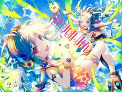 Rule 34 | 2girls, :3, :d, arrow (symbol), black thighhighs, blue sky, breasts, chunithm, cleavage, cloud, commentary, cross-shaped pupils, cytus, dress, dual persona, falling, feathered wings, feathers, freedom dive, full body, green hair, green wings, headphones, long hair, looking at viewer, medium bangs, medium hair, multiple girls, official art, one eye closed, open mouth, orange dress, orange footwear, pleated dress, red eyes, ryori, shoes, short dress, single thighhigh, sky, sky feather (chunithm), sleeveless, sleeveless dress, small breasts, smile, star (symbol), symbol-shaped pupils, teeth, thigh strap, thighhighs, upper teeth only, wind, wings
