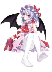 Rule 34 | 1girl, absurdres, ascot, bat wings, blush, brooch, commentary request, dress, feet, fkey, frills, hat, hat ribbon, head rest, highres, jewelry, light purple hair, looking at viewer, mary janes, mob cap, pantyhose, pink dress, puffy short sleeves, puffy sleeves, red eyes, red ribbon, remilia scarlet, ribbon, shoes, unworn shoes, short hair, short sleeves, simple background, sitting, skirt, skirt set, solo, touhou, white background, white pantyhose, wings, wrist cuffs
