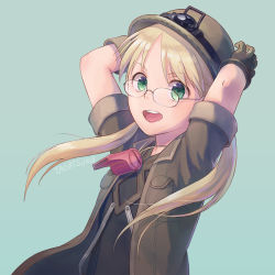 Rule 34 | 1girl, :d, arms up, artist name, blonde hair, blue background, commentary, glasses, gloves, green eyes, hat, long hair, made in abyss, open clothes, open mouth, parted bangs, pocket, riko (made in abyss), short sleeves, simple background, smile, solo, tagatsu, twintails, upper body, whistle, whistle around neck