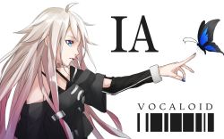 Rule 34 | 1girl, ahoge, barcode, bare shoulders, black bra, blue eyes, blue nails, bra, breasts, bug, butterfly, character name, commentary, copyright name, detached sleeves, gradient hair, grey shirt, ia (vocaloid), bug, long hair, looking afar, medium breasts, multicolored hair, nail polish, off shoulder, outstretched arm, parted lips, pink hair, pointing, profile, shirt, silver hair, simple background, solo, sugi 214, underwear, vocaloid, white background