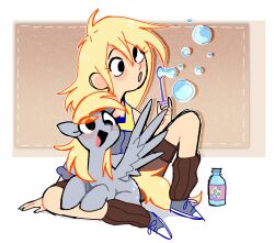 Rule 34 | 1girl, blonde hair, bubble, blowing bubbles, derpy hooves, dual persona, highres, humanization, long hair, mismatched pupils, my little pony, my little pony: friendship is magic, pegasus, pegasus wings, pony (animal), sitting, soap bubbles, syrupyyyart, wings