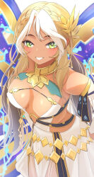 Rule 34 | 1girl, andromeda (fate), andromeda (first ascension) (fate), bare shoulders, blonde hair, breasts, cleavage, dark-skinned female, dark skin, fate/grand order, fate (series), green eyes, grin, highres, large breasts, long hair, looking at viewer, smile, solo, umi endu, white hair