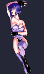 Rule 34 | 00s, 1girl, armpits, bad id, bad pixiv id, boots, breasts, cyborg, fingerless gloves, fusianatan, ghost in the shell, ghost in the shell stand alone complex, gloves, kusanagi motoko, leg lift, leotard, purple hair, red eyes, short hair, simple background, solo, thighhighs