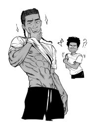 Rule 34 | !?, ^^^, afro, braided dreadlocks, clothes lift, dark-skinned male, dark skin, hand on own chin, jungyun99, looking at another, male focus, marvel, miles g. morales, miles morales, multiple persona, muscle envy, nipples, pants, pectorals, shirt lift, smirk, sparkle, spider-man: across the spider-verse, spider-man (series), spider-verse, sweatpants, toned, toned male