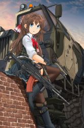 Rule 34 | 1girl, :o, absurdres, assault rifle, black footwear, black gloves, blue eyes, blue skirt, blue sky, body armor, boots, bow, bowtie, brick wall, brown hair, brown pantyhose, camouflage, carrying, commentary request, dress shirt, gloves, gun, hair ribbon, hand on own arm, handgun, highres, holding, holding gun, holding weapon, knee up, long hair, looking at viewer, maz-543, mikeran (mikelan), military, miniskirt, original, outdoors, pantyhose, parted lips, pink sky, pleated skirt, red bow, red bowtie, red ribbon, ribbon, rifle, school uniform, scope, shadow, shirt, sitting, skirt, sky, sleeves rolled up, solo, twilight, weapon, weapon on back, white shirt