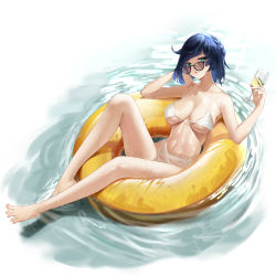 Rule 34 | 1girl, absurdres, bare arms, bare back, bare legs, bare shoulders, barefoot, bikini, blue hair, breasts, crossed legs, cup, day, drinking glass, feet, genshin impact, glasses, highres, holding, holding cup, hs (user hvww8443), innertube, large breasts, looking at viewer, navel, short hair, sunglasses, swim ring, swimsuit, water, white bikini, yelan (genshin impact)