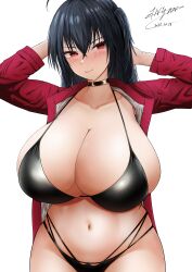 Rule 34 | 1girl, absurdres, arms up, azur lane, black choker, black hair, black panties, blush, breasts, choker, cleavage, closed mouth, collarbone, dated, highres, huge breasts, long hair, long sleeves, looking at viewer, navel, official alternate costume, open clothes, panties, race queen, red eyes, shoei (3544), side ponytail, signature, simple background, smile, taihou (azur lane), taihou (enraptured companion) (azur lane), underwear, white background