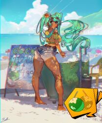 1girl alternate_skin_color ass barefoot beach blue_shorts blue_sky brazilian_miku chromatic_aberration cloud coconut commentary_request dark-skinned_female dark_skin day eyewear_on_head floating_hair from_behind full_body green_eyes green_hair guidelli hatsune_miku highres long_hair looking_at_viewer looking_back number_tattoo ocean outdoors portuguese_text sand shirt shorts shoulder_tattoo sky solo standing sunglasses tan tanline tattoo torn_clothes torn_shorts translated twintails vocaloid water yellow_shirt