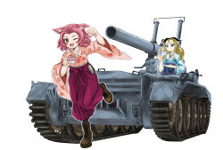 Rule 34 | 2girls, ;d, animal ears, assam (girls und panzer), black footwear, black ribbon, blonde hair, blue eyes, blue hakama, blue kimono, boots, brown eyes, chinese zodiac, closed mouth, combat boots, commentary request, cross-laced footwear, crusader 5.5-in sp, cup, dog ears, floral print, girls und panzer, hagi midori, hair pulled back, hair ribbon, hakama, hakama pull, hakama skirt, holding, holding cup, holding saucer, japanese clothes, kemonomimi mode, kimono, leg up, long hair, long sleeves, looking at viewer, medium hair, military, military vehicle, motor vehicle, multiple girls, new year, one eye closed, open mouth, outline, pink kimono, print kimono, purple hakama, raised fist, red hair, ribbon, riding, rosehip (girls und panzer), running, saucer, self-propelled artillery, simple background, skirt, smile, spilling, standing, standing on one leg, tea, teacup, vehicle request, white background, white outline, wide sleeves, year of the dog