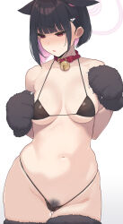 Rule 34 | 1girl, animal ears, animal hands, bare shoulders, bell, belt, belt collar, bikini, black gloves, black hair, black pubic hair, black thighhighs, blue archive, blunt ends, blush, breasts, cat ears, chestnut mouth, choker, collar, collarbone, colored inner hair, commentary request, ears down, extra ears, female pubic hair, fur-trimmed thighhighs, fur gloves, fur trim, furrowed brow, gloves, gluteal fold, groin, hair behind ear, hair ornament, hairclip, halo, highres, kazusa (blue archive), large breasts, looking down, medium breasts, medium hair, micro bikini, multicolored hair, nashida bell, navel, neck bell, open mouth, paid reward available, paw gloves, pink hair, pink halo, pubic hair, red belt, red choker, red collar, red eyes, shaded face, simple background, skindentation, solo, stomach, sweatdrop, swimsuit, thighhighs, two-tone hair, white background, wide hips