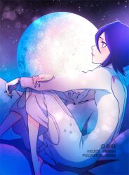 Rule 34 | 1girl, barefoot, bleach, closed mouth, commentary request, dress, feet out of frame, from side, full moon, hair between eyes, highres, knees together feet apart, knees up, kuchiki rukia, long sleeves, looking away, moon, profile, purple eyes, purple hair, solo, space, star (sky), twitter username, umbra (edits umbra), white dress