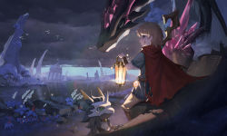 Rule 34 | 1other, androgynous, areaaaron, blonde hair, cape, closed mouth, cloud, cloudy sky, day, dragon, facial mark, flower, grey pants, highres, holding, holding lantern, holding staff, lake, lantern, medium hair, monster, original, outdoors, pants, profile, purple eyes, red cape, ruins, short sleeves, sitting, sky, staff, torn cape, torn clothes, white flower