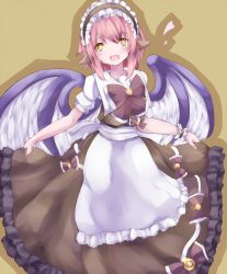 Rule 34 | 1girl, :d, alternate costume, alternate eye color, animal ears, apron, brown dress, dress, enmaided, fang, frilled dress, frills, highres, maid, maid apron, mystia lorelei, non-nyo, open mouth, pink hair, shadow, short hair, smile, solo, touhou, wings, wrist cuffs, yellow eyes