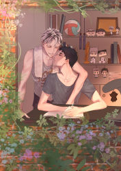 Rule 34 | 2boys, absurdres, akaashi keiji, arm around shoulder, ball, black hair, bokuto koutarou, book, character doll, desk, eye contact, flower, grey shirt, haikyuu!!, highres, indoors, jingruth, lamp, looking at another, multicolored hair, multiple boys, open book, plant, shelf, shirt, streaked hair, towel on one shoulder, trophy, vines, volleyball (object), watermark, white hair, window, yellow eyes