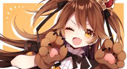 Rule 34 | 1girl, ;d, animal hands, black ribbon, blush, brown hair, commentary request, crown, drop shadow, earrings, fang, gloves, hair ribbon, hazakura chikori, highres, jewelry, long hair, looking at viewer, neck ribbon, notice lines, one eye closed, open mouth, orange background, paw gloves, re:act, ribbon, shishigami leona, short sleeves, skin fang, smile, solo, two side up, upper body, v-shaped eyebrows, virtual youtuber, yellow eyes