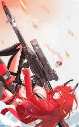 Rule 34 | 1girl, absurdres, antenna hair, belt, black belt, black gloves, black jacket, black pants, breasts, cleavage, clothing cutout, commentary, cropped jacket, crotch plate, dated, fingerless gloves, gloves, goddess of victory: nikke, grin, gun, hair between eyes, hair flaps, highres, hip vent, holding, holding gun, holding weapon, horns, jacket, large breasts, leather, leather jacket, leather pants, leg cutout, long hair, long sleeves, mechanical horns, navel, open clothes, open jacket, pants, rapture (nikke), red hair, red hood (nikke), red jacket, red scarf, rifle, scarf, sidelocks, signature, smile, sniper rifle, solo, stomach, super bee, suspenders, teeth, weapon, yellow eyes