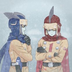 Rule 34 | 2boys, belt, black gloves, blue cape, blue scarf, breath, cape, commentary, crossed arms, dragon ball, dragon ball super, dragon ball super super hero, english commentary, fur hat, gamma 1, gamma 2, gloves, gun, hat, highres, holster, holstered, jenxd d, male focus, multiple boys, open mouth, red cape, red scarf, scarf, smile, snowing, ushanka, weapon