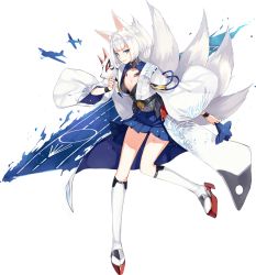 Rule 34 | 1girl, animal ears, artist request, azur lane, blue eyes, breasts, cleavage, eyeshadow, flight deck, fox ears, fox mask, fox tail, full body, holding, japanese clothes, kaga (azur lane), looking at viewer, makeup, mask, multiple tails, official art, shikigami, short hair, simple background, smile, solo, tail, transparent background, white hair