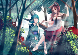 Rule 34 | 2girls, absurdres, adapted costume, animal ears, bare shoulders, barefoot, blue hair, blurry, breasts, brooch, brown hair, chopsticks, dated, depth of field, dress, drill hair, drill sidelocks, eating, fingernails, fins, food, food on face, frilled kimono, frills, green kimono, hand on own face, head fins, highres, imaizumi kagerou, japanese clothes, jewelry, kimono, lake, large breasts, light rays, long fingernails, long hair, long sleeves, looking at another, medium breasts, mermaid, misty lake, monster girl, multiple girls, nail polish, nature, obi, off-shoulder dress, off shoulder, okawa2000, open mouth, picnic, purple sash, red eyes, red nails, rice, rice on face, sash, sidelocks, signature, sitting, tail, touhou, tree, wakasagihime, water, white dress, wide sleeves, wolf ears, wolf tail