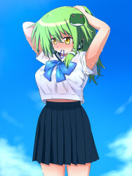 Rule 34 | 1girl, adjusting hair, arms behind head, arms up, blush, breasts, frog, frog hair ornament, green hair, hair ornament, hair tie, hair tie in mouth, hair tubes, hand in own hair, hands in hair, holding, holding hair, honehone, kochiya sanae, large breasts, long hair, midriff, midriff peek, mouth hold, ponytail, rubber band, school uniform, see-through, see-through shirt, serafuku, skirt, snake, snake hair ornament, solo, touhou, tying hair, yellow eyes