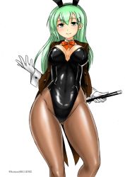 Rule 34 | 1girl, aqua eyes, aqua hair, ascot, black jacket, black leotard, breasts, brown pantyhose, cleavage, closed mouth, coattails, gloves, hair between eyes, hair ornament, hairclip, jacket, kantai collection, kudou (ooabareteng), large breasts, leotard, long hair, long sleeves, looking at viewer, magician, one-hour drawing challenge, orange ascot, pantyhose, playboy bunny, shirt, simple background, smile, solo, strapless, strapless leotard, suzuya (kancolle), tailcoat, wand, white gloves, white shirt