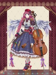 Rule 34 | 1girl, bad id, bad pixiv id, banamons, beamed quavers, beamed semiquavers, blue dress, blue eyes, bow (music), braid, curtains, dated, dress, epaulettes, full body, gloves, hat, high heels, highres, instrument, lolita fashion, long hair, looking at viewer, miracle nikki, musical note, purple hair, quaver, red hat, signature, solo, staff (music), standing, twin braids, very long hair, white gloves, white legwear, white wings, wings