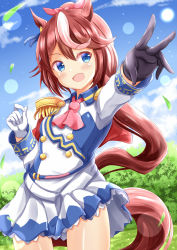 Rule 34 | 1girl, :d, animal ears, ascot, asymmetrical gloves, bad id, bad pixiv id, black gloves, blue eyes, blue sky, blush, brown hair, cloud, commentary request, day, epaulettes, gloves, hair between eyes, highres, horse ears, horse girl, horse tail, jacket, long hair, long sleeves, looking at viewer, mismatched gloves, multicolored hair, open mouth, outdoors, outstretched arm, pink ascot, pleated skirt, ponytail, single epaulette, skirt, sky, smile, solo, streaked hair, tail, tokai teio (umamusume), umamusume, very long hair, white gloves, white hair, white jacket, white skirt, xenon (for achieve)