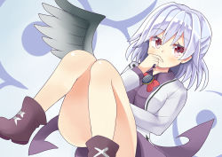 Rule 34 | 1girl, blush, bow, bowtie, covering own mouth, dress, feathered wings, grey wings, jacket, keyaki chimaki, kishin sagume, long sleeves, looking at viewer, open clothes, open jacket, purple dress, purple footwear, red bow, red bowtie, red eyes, shoes, silver hair, single wing, solo, touhou, wings