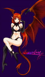 Rule 34 | 1girl, bare shoulders, bikini, breasts, cleavage, demon girl, elbow gloves, female focus, full body, gloves, high heels, long hair, lord of vermilion, navel, pointy ears, red eyes, red hair, shoes, single wing, smile, solo, demon girl, succubus (lord of vermilion), swimsuit, tail, wings