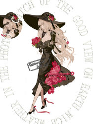 Rule 34 | 1girl, absurdres, artist name, black bow, black choker, black dress, black footwear, black hat, black sleeves, blonde hair, bouquet, bow, breasts, chest jewel, chinese commentary, choker, cleavage, cleavage cutout, close-up, closed mouth, clothing cutout, commentary request, commission, crossed arms, dress, english text, expressionless, flower, footwear bow, full body, hat, hat bow, hat flower, high heels, highres, holding, holding bouquet, hoshino mizuki, large breasts, lipstick, long dress, long hair, long sleeves, looking ahead, makeup, original, pink flower, pink lips, pink rose, red bow, rose, sample watermark, simple background, sleeve bow, sun hat, sunglasses, variations, very long hair, watermark, white background, wide brim, yellow eyes
