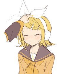 Rule 34 | 1boy, 1girl, arm up, black collar, blonde hair, bow, closed eyes, collar, collared shirt, commentary, hair bow, hair ornament, hairclip, headpat, headphones, highres, kagamine len, kagamine rin, light blush, light smile, m0ti, motion lines, neckerchief, orange neckerchief, orange sweater, out of frame, sailor collar, shirt, short hair, sketch, sweater, swept bangs, treble clef, twitter username, upper body, vocaloid, white background, white bow