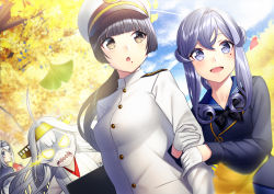 Rule 34 | 1girl, 4girls, ainu, ainu clothes, black hair, blue eyes, blue hair, blue sailor collar, blue sky, blush, brown hair, cloud, detached sleeves, female admiral (kancolle), folded ponytail, gloves, gotland (kancolle), hair between eyes, hair bun, hat, headband, headgear, jacket, japanese clothes, kamoi (kancolle), kantai collection, kongou (kancolle), long hair, long sleeves, looking at viewer, military, military hat, military uniform, mole, mole under eye, multiple girls, naval uniform, neckerchief, open mouth, peaked cap, ponytail, ribbon-trimmed sleeves, ribbon trim, sailor collar, single hair bun, skirt, sky, t-head admiral, tree, uniform, unowen, white gloves, white hair, white jacket